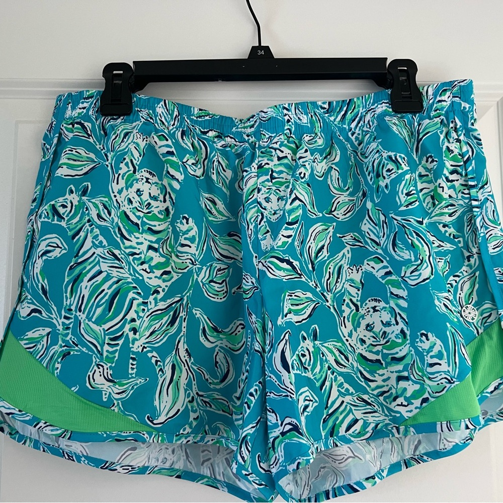 Lilly Pulitzer Teal Floral Athletic Shorts with Green Accents